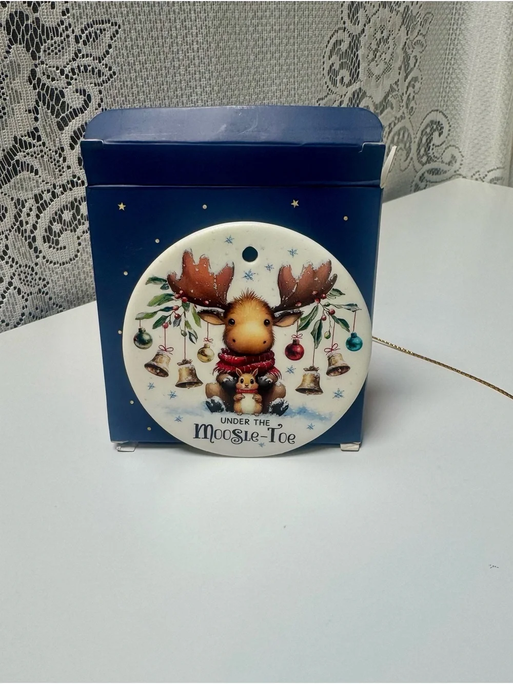 NIB Under the Moosle-Toe Holiday Ceramic Ornament - 3 inches